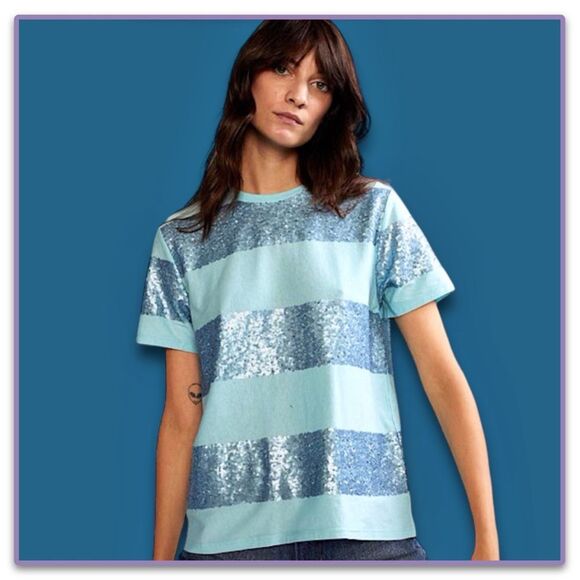 NWT Cynthia Rowley Striped Sequin Tee in Blue Combo - Picture 2 of 15